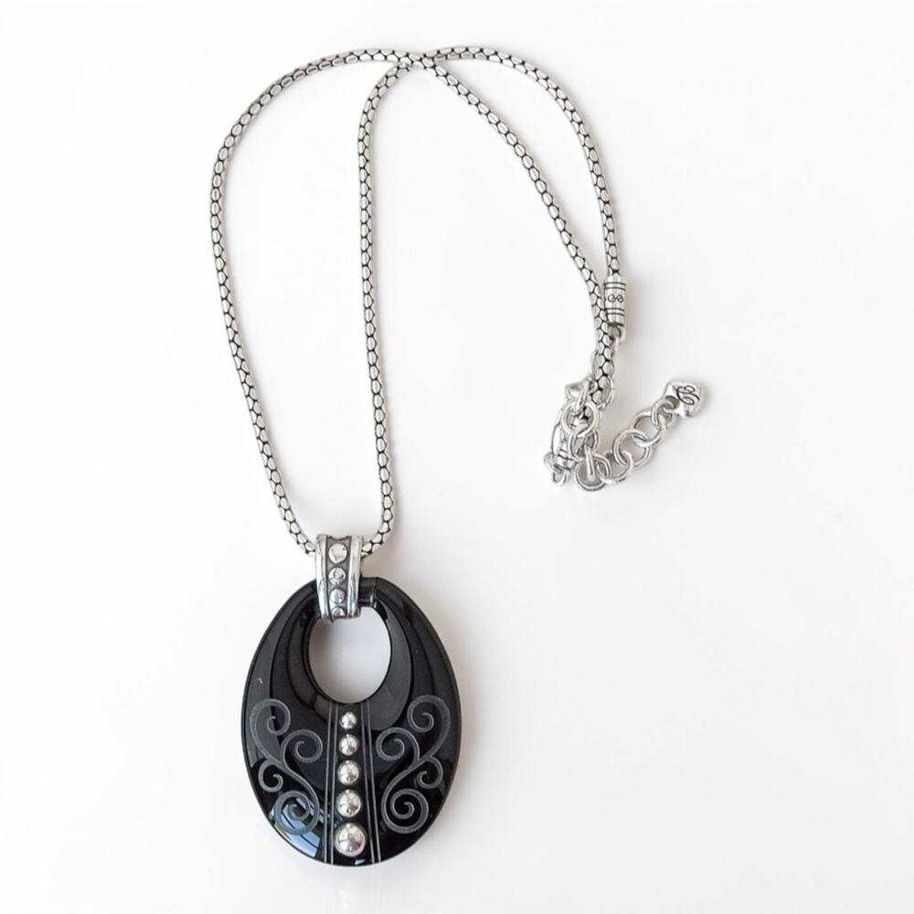 Brighton Black Etched Reversible Pendant Necklace Silver Plate Rare Retired
